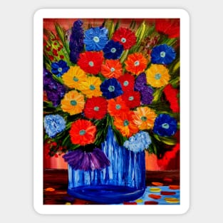 Beautiful floral paintings with abstract flowers in a blue vase Sticker